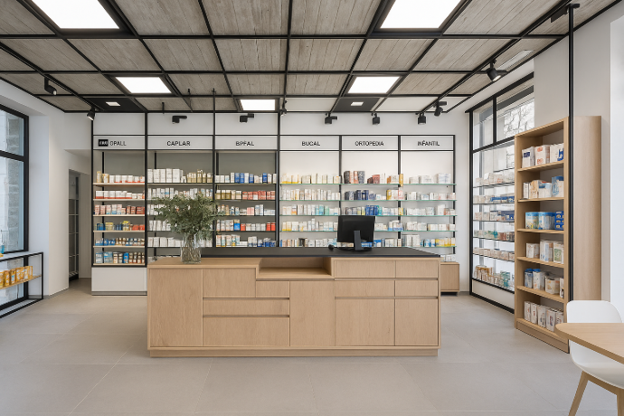 Organisation de l’espace en pharmacie à l’aide de panneaux HPL décoratifs tendance