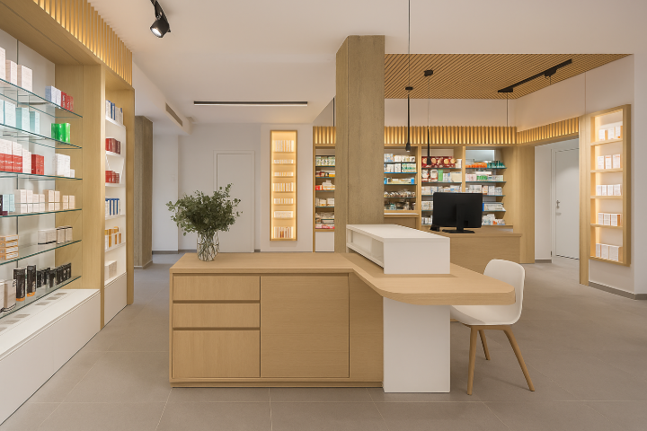 Rayonnages de pharmacie réalisés en HPL ignifuge pour sécurité et hygiène