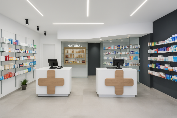 Aménagement intérieur de pharmacie avec panneau HPL antibactérien et finition imitation bois
