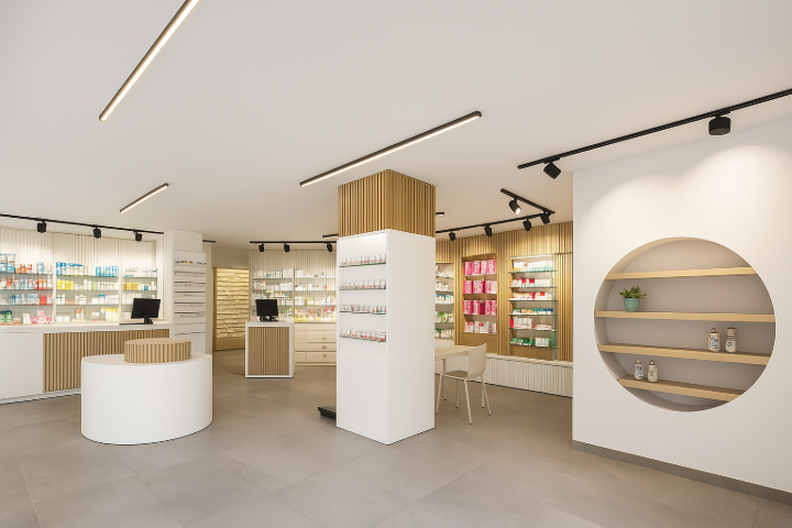 Pharmacie moderne en Tunisie avec comptoir en HPL décoratif et rayonnages en stratifié compact