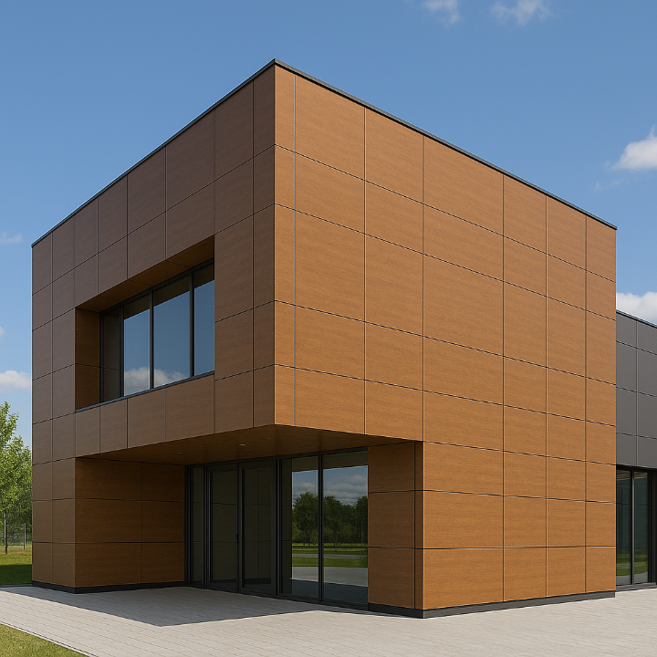 Bâtiment contemporain habillé en panneaux HPL MEG revêtement extérieur durable