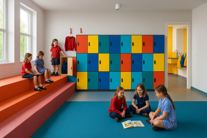 Salle scolaire moderne avec casiers en HPL multicolores, espace de rangement éducatif durable