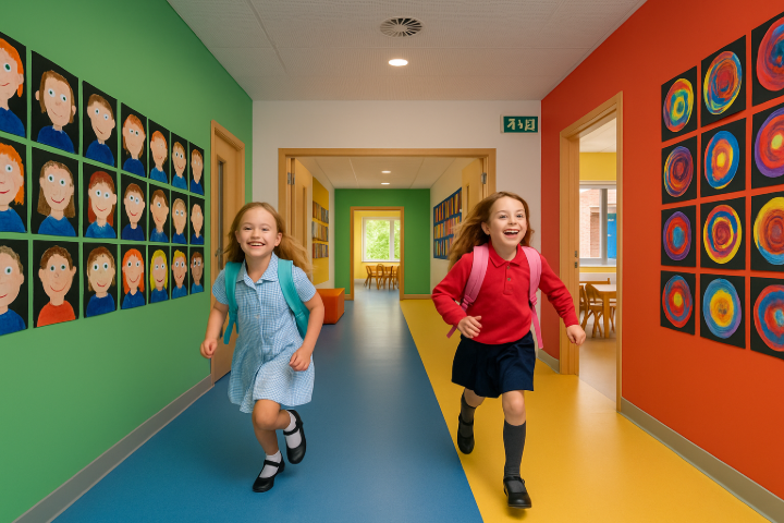 Couloir scolaire moderne aux couleurs vives avec enfants courant, design intérieur ludique et éducatif