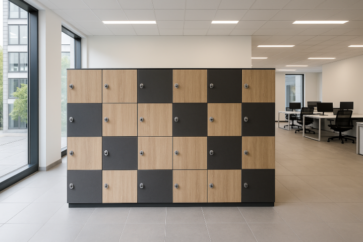Bloc de casiers en HPL bois et gris dans un bureau moderne open space, design contemporain et rangement sécurisé