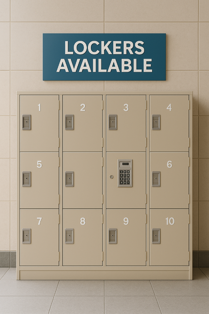 Casiers en HPL beige avec serrures sécurisées et clavier électronique, intégrés dans un espace intérieur moderne