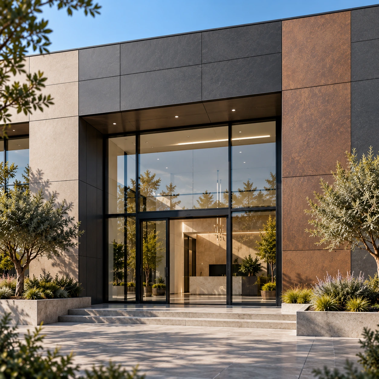 Façade HPL moderne avec panneaux compacts extérieurs finition bois et pierre