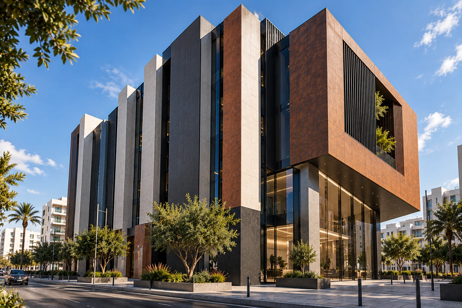 Façade en panneau HPL extérieur d’un bâtiment moderne en Tunisie