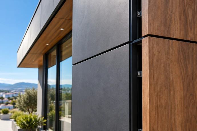 Détail de façade ventilée en panneaux HPL extérieur avec finition bois et gris