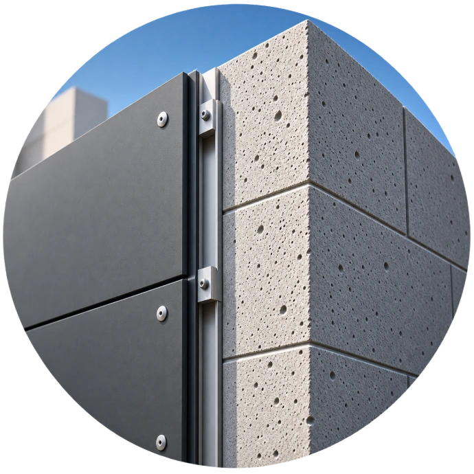 Détail technique d’une façade ventilée HPL avec panneau extérieur, ossature aluminium, isolation thermique et mur porteur