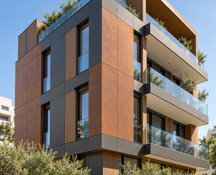 Façade de bâtiment contemporain habillée en panneaux HPL extérieur