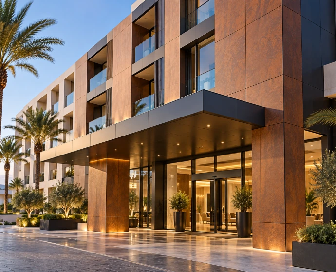 Hôtel contemporain avec façade en panneaux HPL extérieur