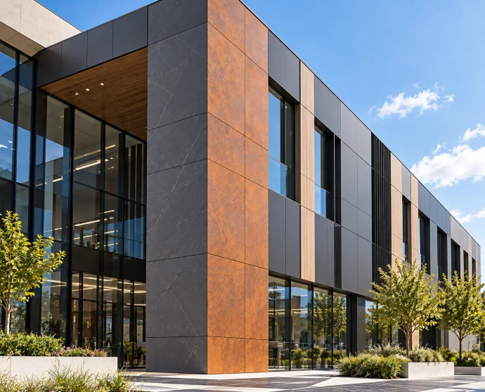 Bardage HPL et façade ventilée en panneaux HPL extérieur sur bâtiment contemporain