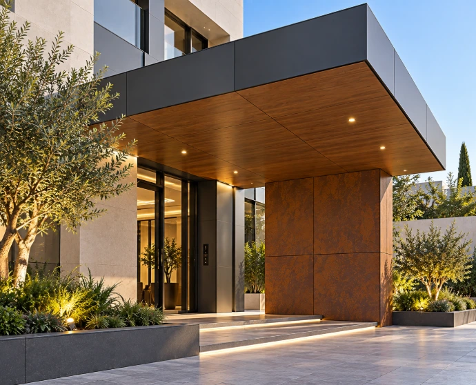 Aménagement extérieur moderne en panneaux HPL pour entrée de bâtiment