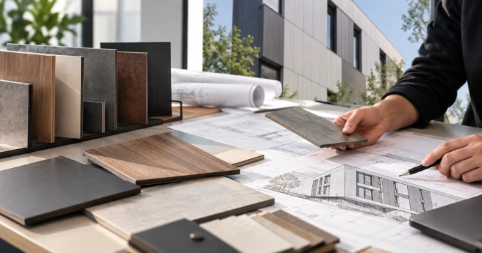 Architecte sélectionnant des panneaux HPL extérieur pour un projet de façade